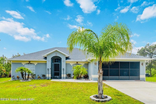 ranch-style home featuring a garage and a front yard