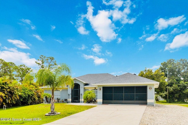 single story home featuring a garage and a front lawn