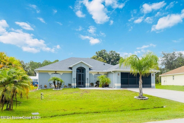 ranch-style home featuring a front lawn and a garage