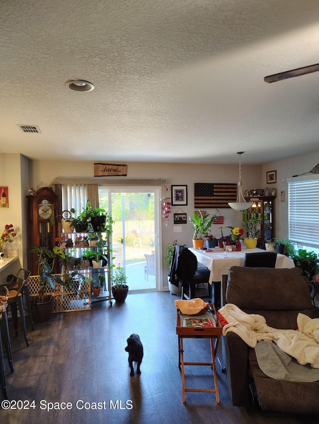 living room featuring hardwood / wood-style floors and a textured ceiling