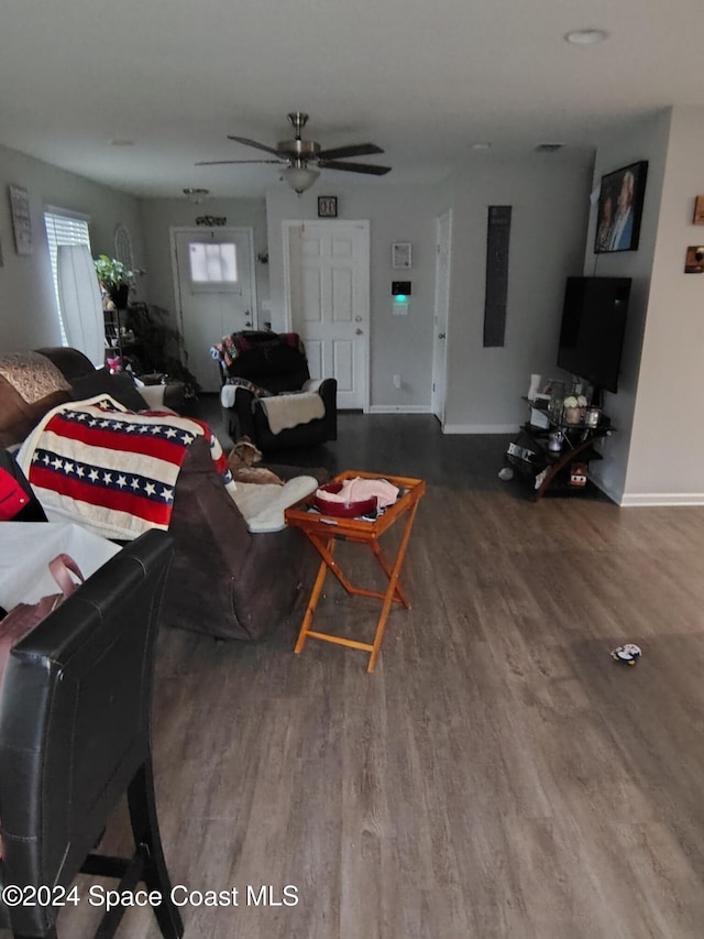 living room featuring hardwood / wood-style flooring and ceiling fan