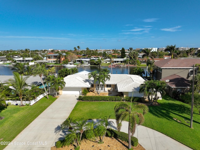 aerial view featuring a water view