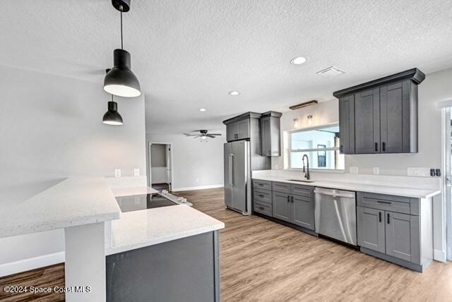 kitchen featuring stainless steel appliances, light hardwood / wood-style flooring, hanging light fixtures, and sink