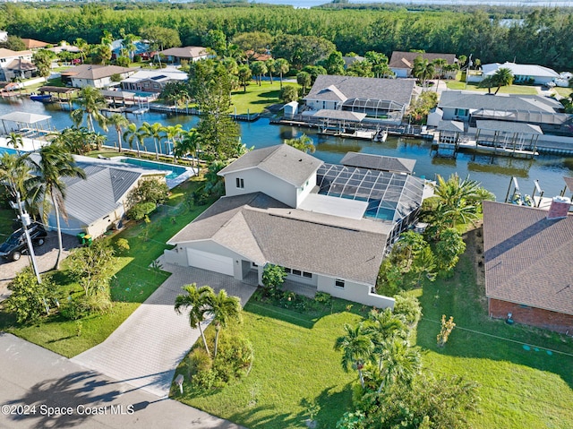 drone / aerial view featuring a water view