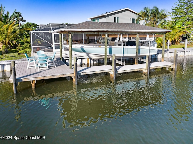 dock area with a lanai and a water view