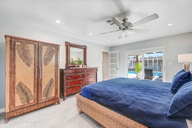 bedroom with ceiling fan and access to exterior