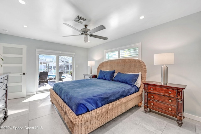 tiled bedroom featuring access to outside and ceiling fan