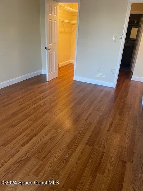 unfurnished bedroom featuring a walk in closet, dark wood-type flooring, and a closet