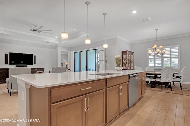 kitchen featuring dishwasher, a center island with sink, ceiling fan with notable chandelier, sink, and decorative light fixtures