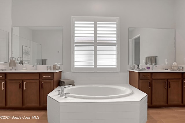 bathroom featuring plenty of natural light, vanity, and tiled tub