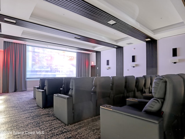 cinema featuring dark colored carpet and a tray ceiling