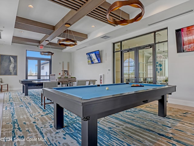 recreation room with beam ceiling, french doors, coffered ceiling, and billiards