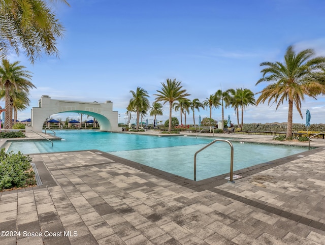 view of swimming pool with a patio area