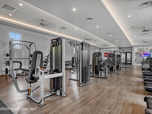 gym featuring light wood-type flooring and ceiling fan