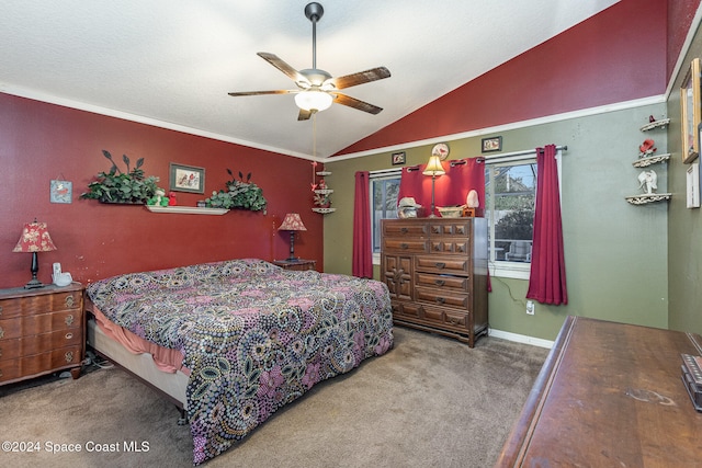 carpeted bedroom with ceiling fan and lofted ceiling