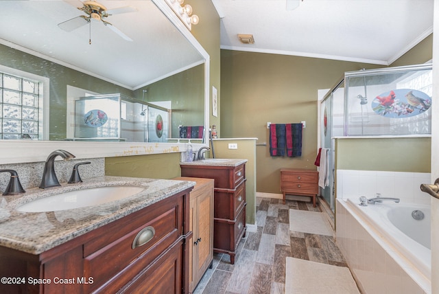 bathroom featuring hardwood / wood-style flooring, vanity, shower with separate bathtub, and ornamental molding