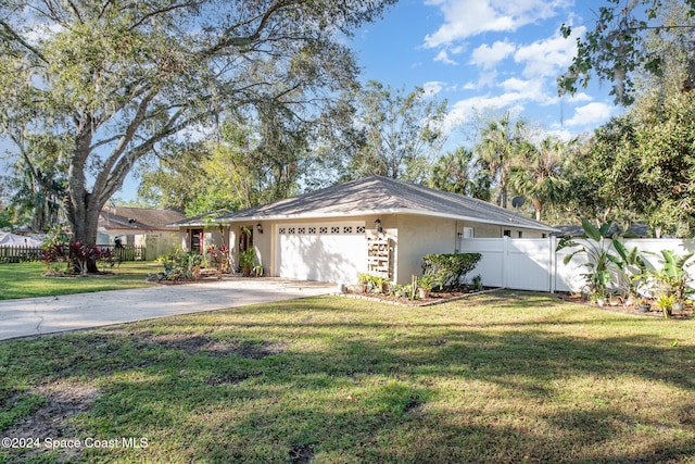 view of front of home with a front yard and a garage