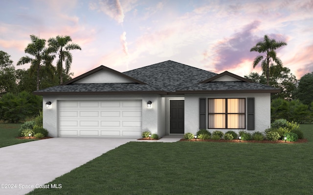 view of front facade with a garage and a yard