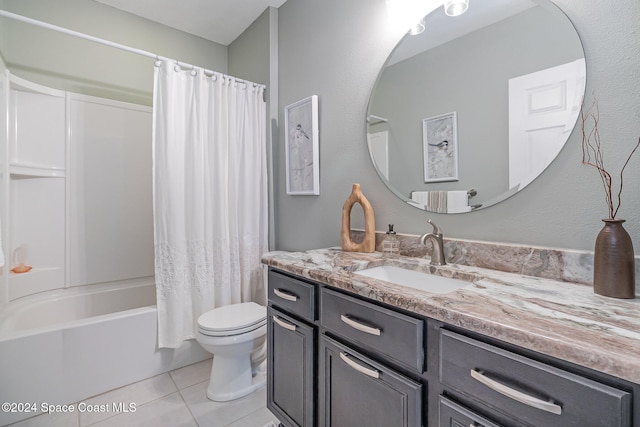 full bathroom featuring tile patterned floors, vanity, shower / bathtub combination with curtain, and toilet