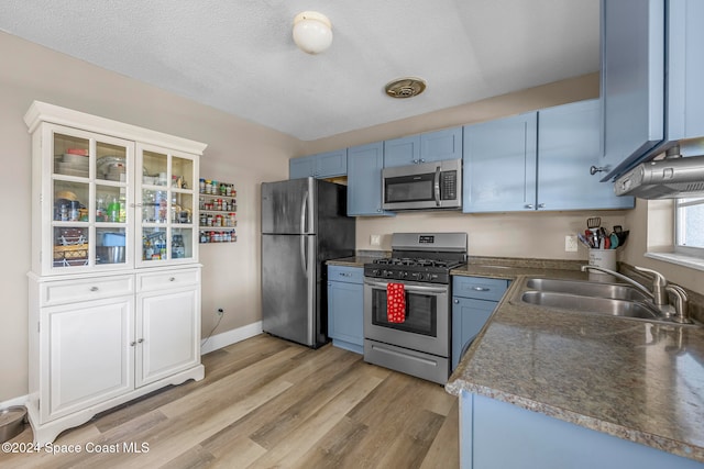 kitchen featuring a textured ceiling, stainless steel appliances, blue cabinets, sink, and light hardwood / wood-style floors