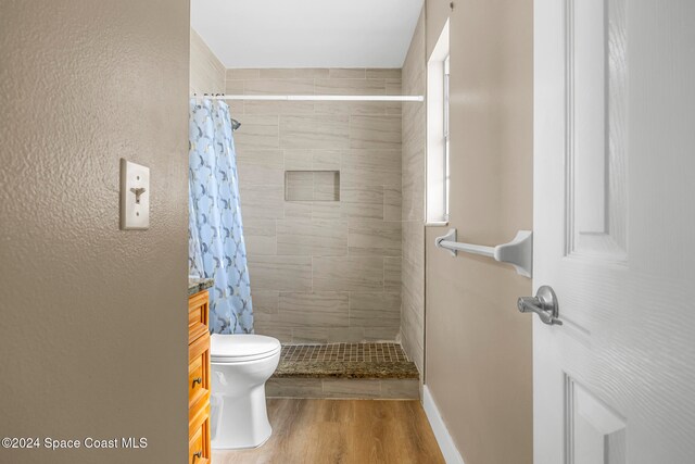 bathroom featuring a shower with shower curtain, vanity, toilet, and wood-type flooring