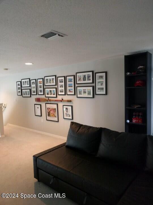 carpeted living room with a textured ceiling