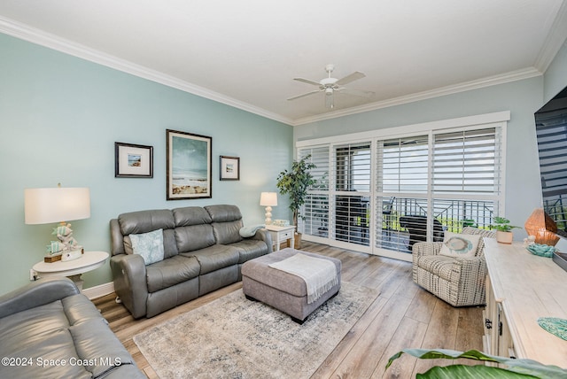 living room with ceiling fan, light hardwood / wood-style flooring, and ornamental molding