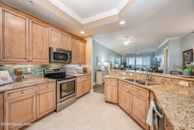 kitchen with crown molding, light stone countertops, sink, and stainless steel appliances