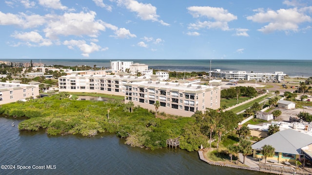 drone / aerial view featuring a water view