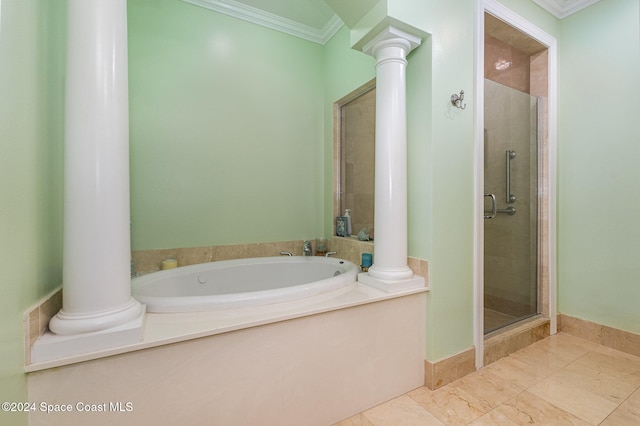 bathroom featuring plus walk in shower and ornamental molding