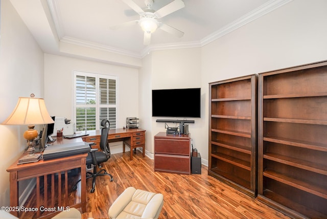 2022 Julep Dr Unit 202, Cocoa Beach, FL 32931 - office area featuring wood finished floors, ornamental molding, a ceiling fan, and baseboards
