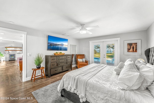 bedroom featuring access to outside, ceiling fan, french doors, and dark wood-type flooring