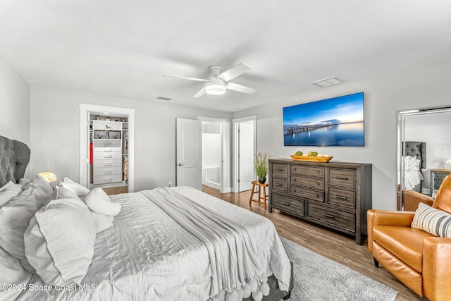 bedroom with a walk in closet, ceiling fan, a closet, and light wood-type flooring