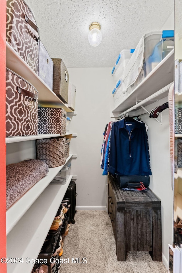 walk in closet featuring light carpet