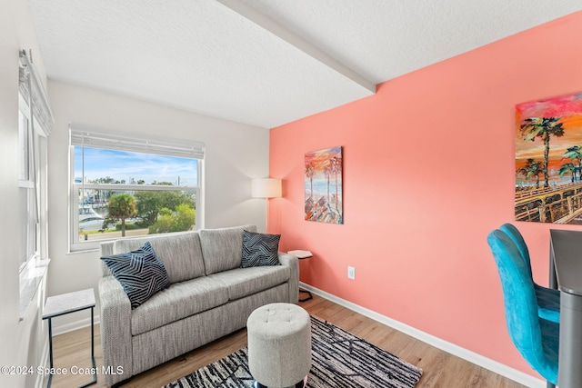 living room featuring hardwood / wood-style floors and a textured ceiling