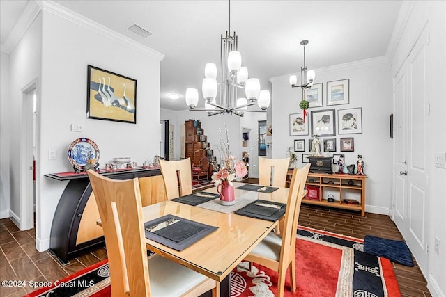 dining room with ornamental molding, an inviting chandelier, and dark wood-type flooring