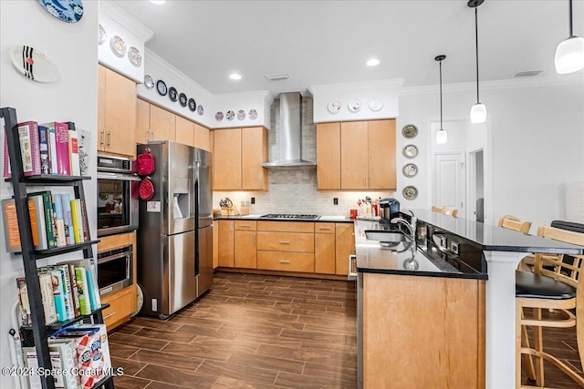 kitchen with kitchen peninsula, appliances with stainless steel finishes, a kitchen breakfast bar, wall chimney exhaust hood, and pendant lighting