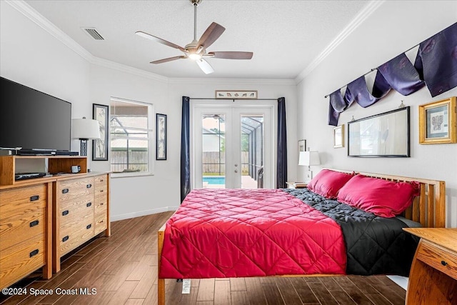 bedroom with access to exterior, french doors, dark hardwood / wood-style floors, and ornamental molding