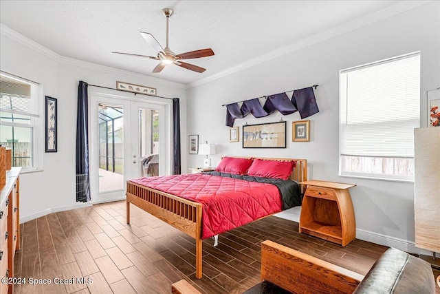 bedroom with access to outside, french doors, crown molding, dark hardwood / wood-style floors, and ceiling fan