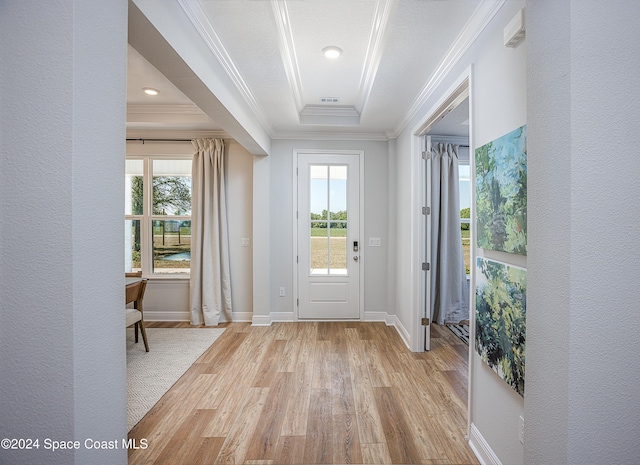 doorway to outside with a healthy amount of sunlight, a raised ceiling, and light hardwood / wood-style floors