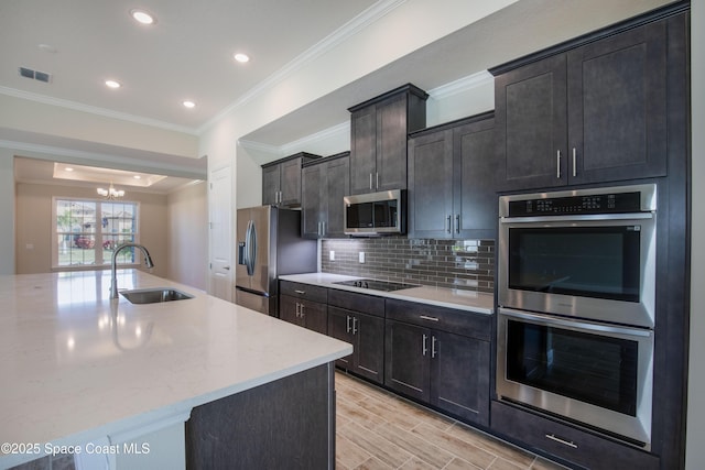 kitchen featuring ornamental molding, a sink, a tray ceiling, appliances with stainless steel finishes, and decorative backsplash