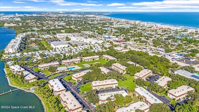 bird's eye view with a water view