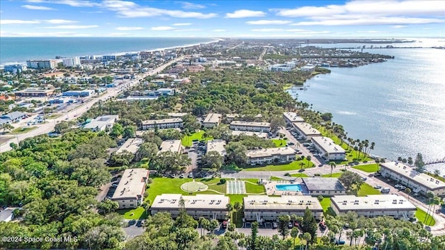 drone / aerial view featuring a water view