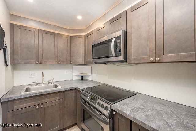 kitchen with dark brown cabinets, stainless steel appliances, and sink