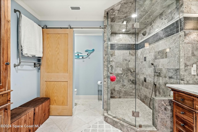 bathroom with vanity, toilet, and walk in shower