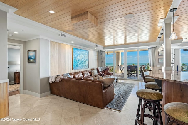 living room with light tile patterned flooring and wood ceiling