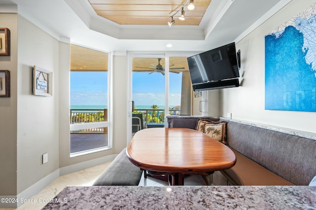 dining space with a tray ceiling, breakfast area, track lighting, and ornamental molding