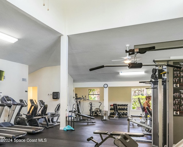 workout area featuring lofted ceiling and a textured ceiling