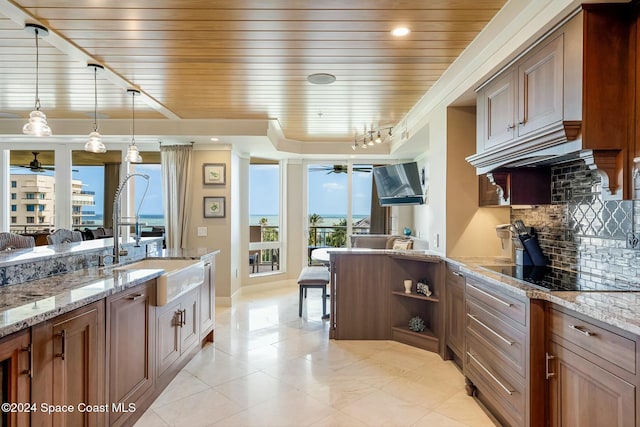 kitchen with black electric stovetop, tasteful backsplash, track lighting, sink, and pendant lighting