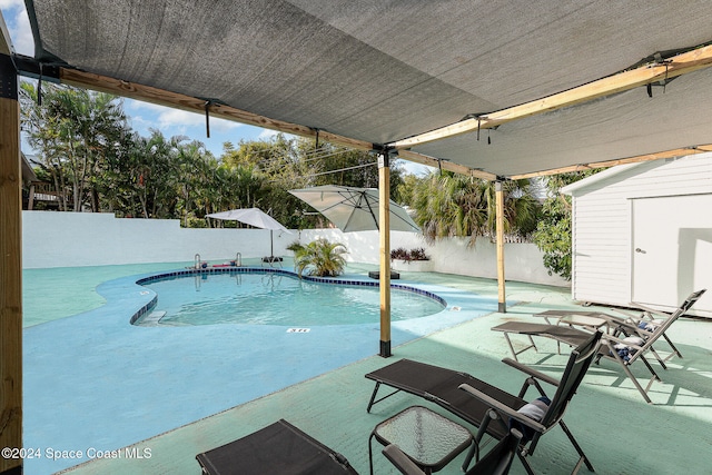 view of pool with a storage unit